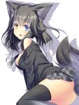  1girl animal_ears black_hair black_legwear blue_eyes blush breasts cleavage grey_wolf_(kemono_friends) heterochromia highres kemono_friends large_breasts liya long_hair looking_at_viewer multicolored_hair no_panties open_mouth smile solo tail thigh-highs white_hair wolf_ears wolf_tail 