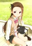  1girl bag brown_hair hair_ribbon hairband highres idolmaster loafers long_hair long_sleeves minase_iori nazo_no_niku pleated_skirt red_eyes ribbon school_bag school_uniform shoes sitting skirt solo stuffed_animal stuffed_bunny stuffed_toy vest 