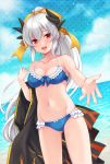  1girl bikini blue_bikini blush bow breasts cleavage fate/grand_order fate_(series) frilled_bikini frills hair_bow highres kiyohime_(fate/grand_order) kiyohime_(swimsuit_lancer)_(fate) long_hair looking_at_viewer medium_breasts midriff navel ocean open_mouth outstretched_hand pika_mouse ponytail red_eyes silver_hair solo swimsuit 