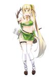  1girl absurdly_long_hair blonde_hair blush bow_(weapon) breasts cleavage closed_mouth collarbone eyebrows_visible_through_hair full_body green_eyes highres large_breasts long_hair looking_at_viewer navel original side_ponytail smile subaru_(794829485) thigh-highs very_long_hair weapon white_legwear 