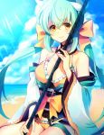  1girl aqua_hair bare_shoulders beach between_breasts bikini blush bow breasts cleavage clouds cloudy_sky day fate/grand_order fate_(series) hair_bow highres horns kiyohime_(fate/grand_order) kiyohime_(swimsuit_lancer)_(fate) large_breasts long_hair looking_at_viewer ocean outdoors ponytail shibuki_kamone sky smile solo swimsuit yellow_eyes 