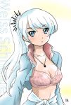  :o blue_eyes blush bow bow_bra bra breasts character_name cleavage jewelry long_hair looking_at_viewer medium_breasts navel necklace open_clothes ponytail rwby self_shot silver_hair underwear upper_body weiss_schnee yukion 