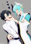  2boys 846kazuya aqua_hair arm_around_waist black_hair blue_eyes fate/grand_order fate_(series) fujimaru_ritsuka_(male) genderswap genderswap_(ftm) grey_background hands_on_another&#039;s_face heart horns japanese_clothes kiyohime_(fate/grand_order) male male_focus multiple_boys short_hair simple_background twitter_username 