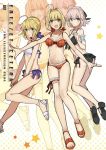  &gt;:d &gt;:o 3girls :d :o absurdres ahoge arm_garter artoria_pendragon_(all) artoria_pendragon_(swimsuit_archer) ass bangs bare_arms bare_legs bare_shoulders barefoot_sandals bikini black_bikini blue_eyes blush braid breasts copyright_request cover cover_page d:&lt; doujin_cover eyebrows_visible_through_hair fate/extra fate/grand_order fate/stay_night fate_(series) frilled_bikini frills garters green_eyes hair_ribbon highres koha-ace looking_at_viewer medium_breasts multiple_girls nero_claudius_(swimsuit_caster)_(fate) open_mouth outstretched_arms parted_lips pink_hair polka_dot polka_dot_background red_bikini ribbon saber sakura_saber sandals shinsengumi short_hair side-tie_bikini smile spread_arms swimsuit teshima_nari tied_hair yellow_eyes zoom_layer 