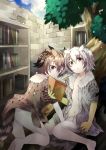  2girls book bookshelf breasts brown_eyes brown_hair cleavage eurasian_eagle_owl_(kemono_friends) fur_collar head_wings kemono_friends multicolored_hair multiple_girls nanana_(nanana_iz) northern_white-faced_owl_(kemono_friends) open_clothes parted_lips reading silver_hair tree white_hair 