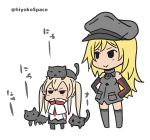  2girls animal animal_on_head bare_shoulders bismarck_(kantai_collection) black_cat blonde_hair capelet cat cat_on_head commentary_request detached_sleeves graf_zeppelin_(kantai_collection) grey_legwear hat hiyoko_(nikuyakidaijinn) kantai_collection long_hair military military_hat military_uniform multiple_girls on_head peaked_cap smile twintails twitter_username uniform 