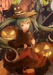  1girl black_hat black_skirt capelet cowboy_shot floating_hair from_side green_eyes green_hair hair_between_eyes halloween halloween_costume hat hatsune_miku highres layered_skirt lingyan_heiye long_hair looking_at_viewer miniskirt open_mouth pumpkin skirt solo thigh-highs twintails very_long_hair vocaloid witch_hat 