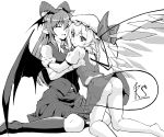  2girls :/ :d ^_^ absurdres ass back_cutout bat_wings boots bow breasts closed_eyes commentary_request fang flandre_scarlet frills full_body greyscale hair_between_eyes hat hat_bow head_wings highres horns juliet_sleeves koakuma laevatein_(tail) long_hair long_sleeves low_wings mob_cap monochrome multiple_girls necktie no_shoes open_mouth pants pants_under_skirt pointy_ears puffy_short_sleeves puffy_sleeves ryuuno_stadtfeld short_hair short_sleeves side_ponytail sidelocks simple_background sitting skirt skirt_set slit_pupils smile tail thigh-highs thigh_boots touhou vest wariza white_background wings wrist_cuffs 