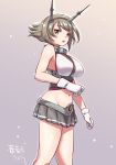  1girl bare_shoulders brown_hair cowboy_shot gloves gradient gradient_background green_eyes grey_background groin hairband kantai_collection midriff miniskirt mutsu_(kantai_collection) navel radio_antenna short_hair shungikuten skirt solo standing white_gloves 