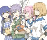  4girls :d ahoge akebono_(kantai_collection) alternate_costume animal animal_on_shoulder apron bandaid bandaid_on_face bell blue_hair blue_skirt book brown_eyes brown_hair fishing_rod flower hair_bell hair_bobbles hair_flower hair_ornament hand_on_hip holding holding_book kantai_collection long_hair machinery multiple_girls ninimo_nimo oboro_(kantai_collection) open_mouth pink_eyes pink_hair pleated_skirt purple_hair rabbit sazanami_(kantai_collection) school_uniform scrunchie serafuku short_hair short_sleeves side_ponytail skirt smile smokestack twintails ushio_(kantai_collection) very_long_hair vest violet_eyes white_background wrist_scrunchie 