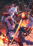  1girl blurry blurry_background breasts dice_of_soul gloves hand_up highres holding holding_sword holding_weapon horns large_breasts looking_at_viewer navel nawol open_mouth red_eyes red_gloves red_legwear silver_hair standing sword thigh-highs thorns watermark weapon 