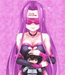  1girl bare_shoulders blindfold blush breasts character_doll choker cleavage detached_sleeves facial_mark fate/grand_order fate_(series) fmg forehead_mark fujimaru_ritsuka_(male) heart highres large_breasts long_hair purple_hair rider smile solo spoken_heart very_long_hair 