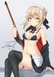  1girl artist_name artoria_pendragon_(swimsuit_rider_alter)_(fate) black_legwear blonde_hair blush breasts cleavage closed_mouth collarbone eyebrows_visible_through_hair fate/grand_order fate_(series) looking_at_viewer maid_bikini maid_headdress medium_breasts short_hair signature solo thigh-highs twitter_username unel1211 yellow_eyes 