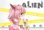  1girl alien_(15307703) animal_ears artist_name blush cat_ears character_request dated eyebrows_visible_through_hair final_fantasy final_fantasy_xiv food highres ice_cream looking_at_viewer pink_hair pixiv_username short_hair solo upper_body yellow_eyes 