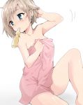  1girl arm_up blonde_hair blue_eyes blush commentary_request covering covering_breasts hand_in_hair highres knee_up naked_towel original piercing pink_towel ramune roku_kyuu short_hair simple_background siting solo sweatdrop towel white_background 