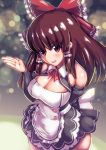  1girl blush bow breasts brown_eyes brown_hair cleavage cookie_(touhou) eyebrows_visible_through_hair hair_bow hair_tubes hakurei_reimu highres kanna_(cookie) large_breasts long_hair looking_at_viewer marakasutintin parted_lips red_bow smile solo touhou 