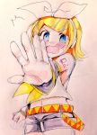  /\/\/\ 1girl arm_tattoo belt blonde_hair blue_eyes bow detached_sleeves embarrassed eyebrows_visible_through_hair foreshortening hair_bow hair_ornament hairclip headphones headset highres kagamine_rin midriff navel open_hand outstretched_arm outstretched_hand sailor_collar shimasaki_meiichi short_hair shorts solo stop sweatdrop tattoo traditional_media vocaloid wavy_mouth 