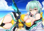  1girl aqua_hair bikini blush breasts cleavage fate/grand_order fate_(series) horns kiyohime_(fate/grand_order) kiyohime_(swimsuit_lancer)_(fate) large_breasts long_hair looking_at_viewer lying mizunashi_hayate ocean on_side polearm smile solo spear swimsuit weapon yellow_bikini yellow_eyes 