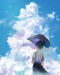  1girl bangs black_hair black_skirt blue_sky clouds cloudy_sky commentary_request facing_away from_behind hair_tie highres holding holding_umbrella moon nurie_(siniariot) outdoors pleated_skirt ponytail scenery shirt short_sleeves signature skirt sky solo standing suspender_skirt suspenders umbrella white_shirt 