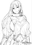  1girl bangs breasts commentary eyebrows_visible_through_hair fate/grand_order fate_(series) greyscale hair_between_eyes head_tilt high_collar large_breasts long_hair long_sleeves looking_at_viewer minamoto_no_raikou_(fate/grand_order) monochrome obmas_(pfeito) simple_background sketch smile solo tabard twitter_username white_background 