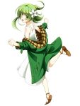  1girl :d clenched_hands coat commentary flower green_coat green_eyes green_hair hair_flower hair_ornament highres khnchak looking_at_viewer looking_back open_mouth original ponytail running sandals smile solo white_flower 