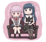  2girls bangs blunt_bangs blush cup dress es_(eisis) long_hair magia_record:_mahou_shoujo_madoka_magica_gaiden mahou_shoujo_madoka_magica mug multiple_girls nanami_yachiyo pink_eyes pink_hair polka_dot polka_dot_dress school_uniform sitting smile tamaki_iroha 