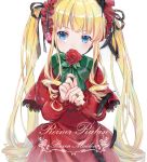  1girl bangs black_ribbon blonde_hair blue_eyes blush bow capelet closed_mouth covered_mouth dress ekita_xuan eyebrows_visible_through_hair flower frilled_sleeves frills green_bow hair_ribbon hands_up headdress holding holding_flower jewelry long_hair long_sleeves looking_at_viewer red_dress red_rose ribbon ring ringlets rose rozen_maiden shinku sidelocks simple_background solo tsurime twintails upper_body very_long_hair white_background 
