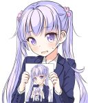  1girl aoba_kawaii blue_jacket eyebrows_visible_through_hair hair_ornament holding jacket long_hair new_game! open_mouth recursion shirt silver_hair simple_background solo suzukaze_aoba sweatdrop twintails upper_body very_long_hair violet_eyes white_background white_shirt 