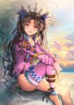  1girl :p bangs barefoot black_hair day earrings ells fate/grand_order fate_(series) fur_trim hoop_earrings ishtar_(fate/grand_order) ishtar_(swimsuit_rider)_(fate) jewelry leg_garter leg_strap long_hair looking_at_viewer ocean one-piece_swimsuit outdoors parted_bangs pink_jacket red_eyes single_thighhigh sitting smile solo sun sunset swimsuit thigh-highs tohsaka_rin tongue tongue_out two_side_up very_long_hair wavy_hair white_swimsuit 