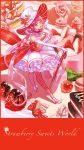  1girl awa_suna bow cakes candy candy_cane cleavage_cutout food fruit giant_food hat high_heels highres original pink_hair red_eyes solo strawberry striped striped_legwear sweets top_hat vertical-striped_legwear vertical_stripes 