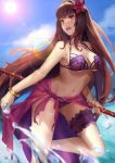  1girl bikini blush bracelet breasts cleavage fate/grand_order fate_(series) flower gae_bolg hair_flower hair_ornament highres jewelry large_breasts long_hair luobo_carrot open_mouth polearm purple_bikini purple_hair red_eyes sarong scathach_(fate/grand_order) scathach_(swimsuit_assassin)_(fate) solo spear swimsuit thigh_strap very_long_hair water weapon 