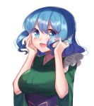  1girl :d absurdres blue_eyes blue_hair blush breasts gem_oblivion hands_on_own_cheeks hands_on_own_face head_fins highres japanese_clothes kimono large_breasts mermaid monster_girl open_mouth sash smile solo touhou wakasagihime 