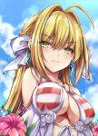  1girl ahoge babydoll bangs bikini blonde_hair braid breasts criss-cross_halter day eyebrows_visible_through_hair fate/grand_order fate_(series) green_eyes hair_intakes hair_ribbon half_updo halterneck highres large_breasts long_hair looking_at_viewer nero_claudius_(swimsuit_caster)_(fate) ribbon saber_extra see-through sky solo sparkle striped striped_bikini swimsuit taka-kun upper_body white_flower 