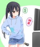  1girl black_hair blue_shorts blue_sweater brown_eyes cowboy_shot denim denim_shorts dresstrip hand_on_hip holding holding_microphone hood hooded_sweater hoodie k-on! karaoke long_hair microphone nakano_azusa shorts solo spoken_squiggle squiggle sweater television twintails 