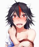  1girl black_hair blush breasts commentary_request fangs highres horns kijin_seija ldl_(bcw1025) looking_at_viewer multicolored_hair off_shoulder red_eyes short_sleeves simple_background solo streaked_hair tears touhou upper_body wavy_mouth white_background 