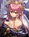  1girl animal_ears bangs bare_shoulders bell black_background blue_background blue_bow blue_kimono bow breasts chibirisu cleavage clenched_hand collar collarbone crying crying_with_eyes_open fate/extra fate/grand_order fate_(series) fox_ears fox_tail gradient gradient_background hair_bell hair_between_eyes hair_ornament highres japanese_clothes jewelry kimono kitsune large_breasts light_particles long_hair long_sleeves looking_away off_shoulder parted_lips pink_hair simple_background tail tamamo_(fate)_(all) tamamo_no_mae_(fate) tears yellow_eyes 