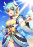  1girl :d aqua_hair beach bikini bow breasts cleavage fate/grand_order fate_(series) hair_bow horns kiyohime_(fate/grand_order) kiyohime_(swimsuit_lancer)_(fate) large_breasts long_hair looking_at_viewer minamo25 ocean open_mouth smile solo swimsuit yellow_bikini yellow_eyes 