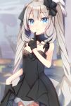  1girl ameshizuku_natsuki black_dress black_gloves blue_eyes blush breasts cleavage detached_collar dress fate/grand_order fate_(series) gloves hair_ribbon index_finger_raised long_hair looking_at_viewer marie_antoinette_(fate/grand_order) ribbon short_dress silver_hair small_breasts smile solo strapless strapless_dress twintails very_long_hair 