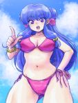  1girl bikini bracelet breasts collarbone contrapposto cowboy_shot double_bun eyebrows_visible_through_hair flower gluteal_fold hair_flower hair_ornament hand_on_hip jewelry large_breasts long_hair looking_at_viewer navel open_mouth pointing purple_hair ranma_1/2 red_bikini shampoo_(ranma_1/2) side-tie_bikini sidelocks sky solo sparkle swimsuit violet_eyes wantan-orz 