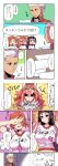  &gt;_&lt; 1boy 3girls alternate_costume animal_ears archer blush boudica_(fate/grand_order) breasts cleavage clothes_writing comic commentary_request etori fang fate/grand_order fate_(series) fox_ears hair_ribbon highres large_breasts long_hair looking_at_viewer minamoto_no_raikou_(fate/grand_order) multiple_girls open_mouth pink_hair purple_hair redhead ribbon short_hair smile speech_bubble tamamo_(fate)_(all) tamamo_cat_(fate) translation_request very_long_hair violet_eyes 