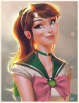  bishoujo_senshi_sailor_moon bow brown_hair choker green_choker green_eyes green_sailor_collar hair_ornament highres inner_senshi jewelry kino_makoto leandro_franci magical_girl pink_bow ponytail sailor_jupiter tiara 