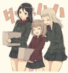  3girls bangs black_hair black_skirt black_sweater blonde_hair blue_eyes box clara_(girls_und_panzer) closed_eyes furukawa_wanosuke girls_und_panzer hands_on_another&#039;s_shoulders holding katyusha laughing long_hair looking_at_another miniskirt multiple_girls nonna open_mouth pleated_skirt pravda_school_uniform school_uniform short_hair skirt smile standing summer_uniform sweater swept_bangs turtleneck unbuttoned white_background 