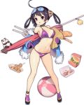  &gt;:o 1girl :o ahoge ankleband armband azur_lane baguette ball beach_umbrella beachball bikini bilan_hangxian black_hair bread breasts choker food full_body fur_trim gloves gluteal_fold hair_rings hamburger jacket machinery medium_breasts navel ning_hai_(bilan_hangxian) off_shoulder official_art open_clothes open_jacket panda purple_bikini purple_gloves sandals solo swimsuit transparent_background tsliuyixin umbrella violet_eyes yakisoba 