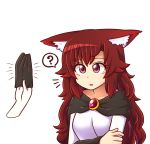  1girl ? animal_ears bangs brooch brown_hair dress imaizumi_kagerou jewelry long_hair red_eyes simple_background solo_focus spoken_question_mark touhou upper_body white_background white_dress wolf_ears wool_(miwol) 