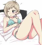  1girl aqua_bikini aqua_bra bed bed_sheet bikini blonde_hair blush bra breasts closed_mouth commentary_request lying medium_breasts on_back on_bed one_eye_closed pillow roku_kyuu short_hair simple_background solo swimsuit tears underwear white_background 