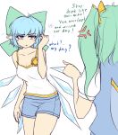  (9) 2girls anger_vein bare_shoulders blue_eyes blue_hair camisole cirno collarbone commentary daiyousei english flower green_hair hair_ribbon hater_(hatater) ice ice_wings long_hair looking_at_another multiple_girls pointing pointy_ears puffy_short_sleeves puffy_sleeves ribbon short_hair short_shorts short_sleeves shorts side_ponytail sunflower touhou wings 