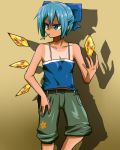  1girl alternate_costume blue_eyes blue_hair casual cirno contemporary frown hair_ribbon highres popsicle_stick ribbon riicha short_hair shorts solo spaghetti_strap tan tanline tanned_cirno touhou wings 