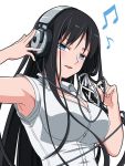  1girl :d armpits black_hair blue_eyes blush breasts hair_ribbon headphones khnchak large_breasts long_hair musical_note open_mouth original ribbon simple_background smile solo white_background white_ribbon 