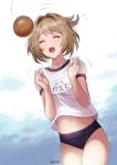  1girl artist_name bangs bread bread_eating_race brown_hair buruma closed_eyes clouds cloudy_sky commentary cowboy_shot day flying_sweatdrops food gym_uniform hair_intakes hair_up hands_up idolmaster idolmaster_cinderella_girls jumping meto31 midriff mole mole_under_eye name_tag navel open_mouth outdoors ponytail shirt short_hair short_ponytail short_sleeves signature sky solo string sweat sweatdrop takagaki_kaede teeth thighs underwear 