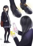  1girl alternate_costume ama_mitsuki artist_name black_legwear blazer character_request commentary contemporary dated food from_behind from_side fruit full_body hands_in_pockets holding holding_fruit jacket lemon loafers looking_to_the_side miniskirt multiple_views necktie no_shoes original pantyhose pleated_skirt putting_on_shoes school_uniform shoes signature simple_background single_shoe skirt smell smelly_feet 